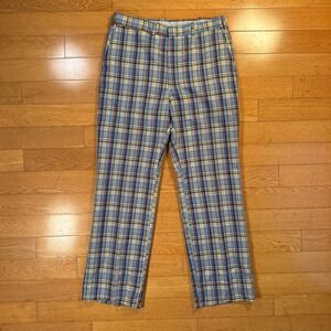 Vintage Jaymar Mens Plaid Trousers Blue Yellow Brown Straight Leg 32x30